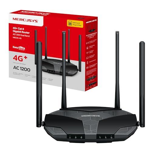 Mercusys MB235-4G Router WiFi con Sim, 4G+ Cat6 AC1200Mbps, 4 Antenne Ad Alto Guadagno, 1 Porta LAN/WAN + 3 Porte LAN Gigabit, WAN Backup, Parental/LED Control, SMS, APP, Plug & Play