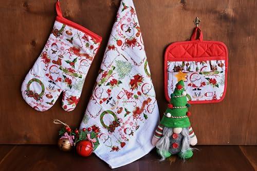 Guanto da forno + Presina + Strofinaccio in tessuto 100% cotone - Disegno natalizio