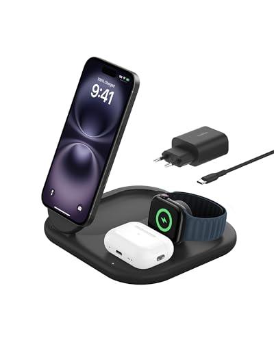 Belkin BoostCharge Caricabatteria magnetico pieghevole 3 in 1 con Qi2 da 15 W, Caricatore rapido compatibile con MagSafe, Apple iPhone 17, Air, Pixelsnap, Apple Watch ed AirPods, alimentatore - Nero