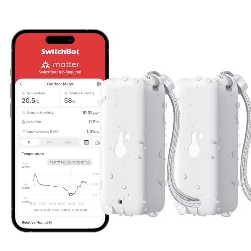 SwitchBot IP65, igrometro per interni ed esterni, termometro Bluetooth con punto di rugiada/VPD/sensore di umidità assoluto, termometro esterno, memorizzazione dati per serra, cantina, confezione da 2