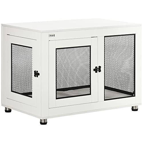 PawHut Gabbia per Cani Taglia Grande max. 30 kg da Interno, Casetta per Cani con 2 Porte Bloccabili, Piedini Regolabili e Cuscino Lavabile, Acciaio e Legno, 94x60x71.5 cm, Bianco