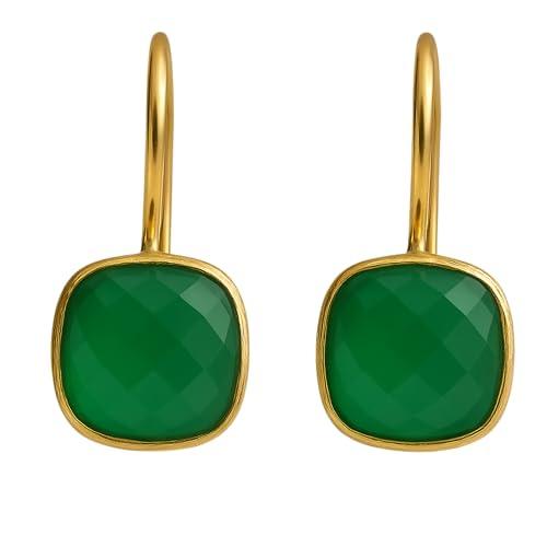 Orecchini pendenti in argento 925 placcato oro con onice verde - Taglio a cuscino - Eleganza naturale e raffinata
