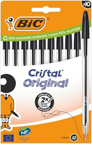 BIC Penne a Sfera Cristal Original con Punta Media (1,00 mm) e Tappi Abbinati al Colore dell’Inchiostro - Nero, Confezione da 10