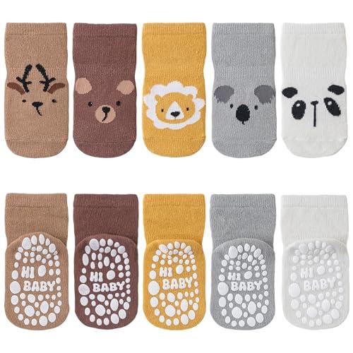 SockWaddles calzini antiscivolo bambino, 5 paia di calzini neonato in cotone traspirante con suola ABS, calze gattonanti per bambini e bambine con animali, 1-3 anni