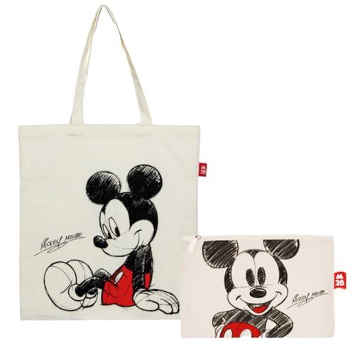Superdiver Set Borsa Shopping e Pochette Topolino - Licenza Ufficiale Disney Mickey Mouse - Cotone e Poliestere - Ideale per Uso Quotidiano o Regalo - 37x41 cm e 22,5x16 cm
