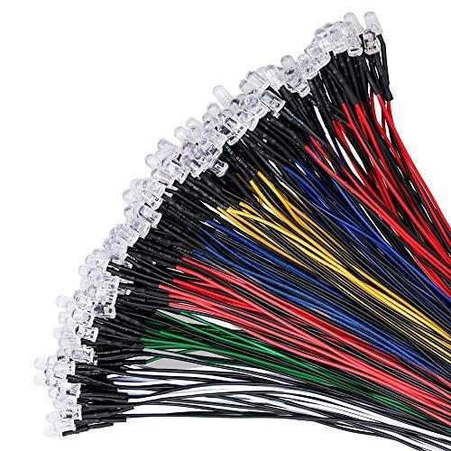 YIXISI 100 Pezzi Diodo ad Emissione Luminosa LED, Precablata 12V 20cm, per Trasformazione e Illuminazione di Circuiti Automobilistici, Modellazione di Prototipi(Bianca, Rosso, Blu, Verde, Giallo)