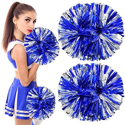 Colexy Pom Poms Cheerleader, 2 Pezzi Metallico Cheerleading Pompons Pallina di Fiori, Aerobica Cheerleading Pom Poms Pompon, per Sport Danza Allegria Pompon di Plastica (Blu+Argento)