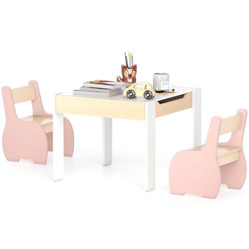 COSTWAY 3 in 1 Set Tavolo e Sedie per Bambini, Tavolo da Attività per Bambini con 2 Sedie, Lavagna Rimovibile e Deposito, per Giocare, Disegnare e Leggere, in Legno (Rosa)