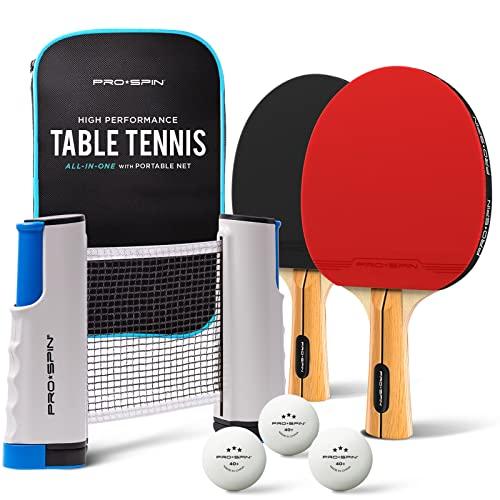 PRO-SPIN Ping Pong Set da Tavolo Portatile - Kit Premium con Rete Estensibile per Qualsiasi Tavolo, Racchette, Palline e Custodia (Set da 2 giocatori)