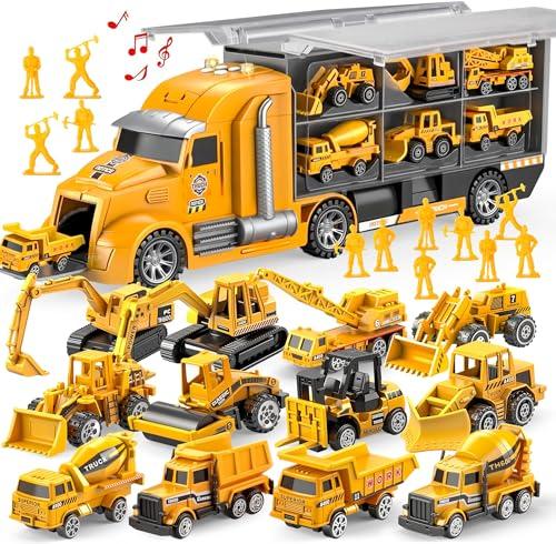 JOYIN Set di veicoli giocattolo per camion da costruzione pressofuso 14 in 1, set di veicoli da gioco con suoni e luci nel camion portante, veicolo giocattolo Push and Go, regali di compleanno