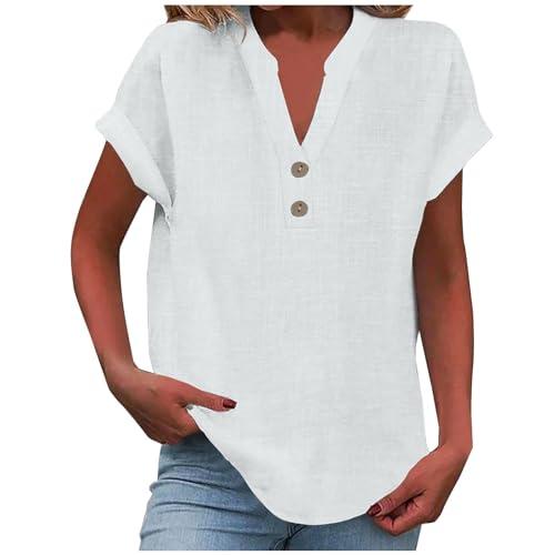 Generico Camicetta Donna in Lino Cotone Estive Blusa Elegante Manica Corta con Bottoni Scollo a V Camicia Casual T Shirt Tinta Unita Classico Maglietta