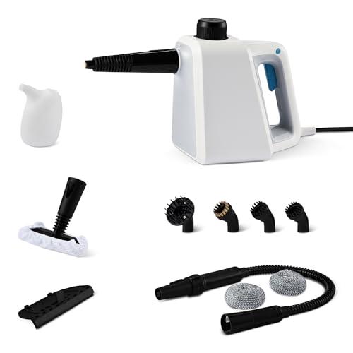 Amazon Basics Pulitore a Vapore Portatile per la Casa con 9 Accessori, Potente Getto di Vapore da 1000W, Serbatoio da 250mL, Bianco