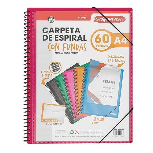Starplast Cartella Buste Spirale Flessibile - 60 buste trasparenti, A4, chiusura elastica, copertina in polipropilene, copertina personalizzabile, per uso scolastico e ufficio - colore Rosa