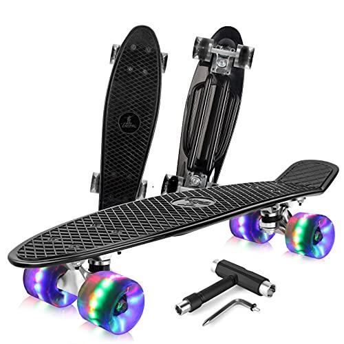 BELEEV1 Mini Cruiser LED Skateboard 22 Inch (56cm) per Bambini, Giovani e Adulti - Completo Con Ruote e T-Tool per Principianti