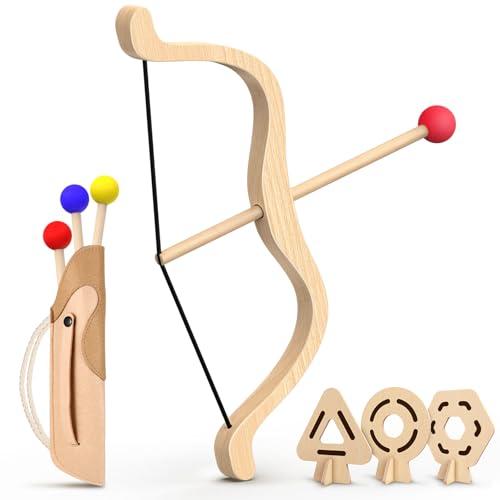 HSYFUNA Arco e Frecce per Bambini, Giocattolo in Legno con 3 Frecce, 3 Bersagli e Faretra, Set di Tiro con l'Arco per Interni ed Esterni, Adatto a Destrorsi e Mancini dai 3 Anni in Su