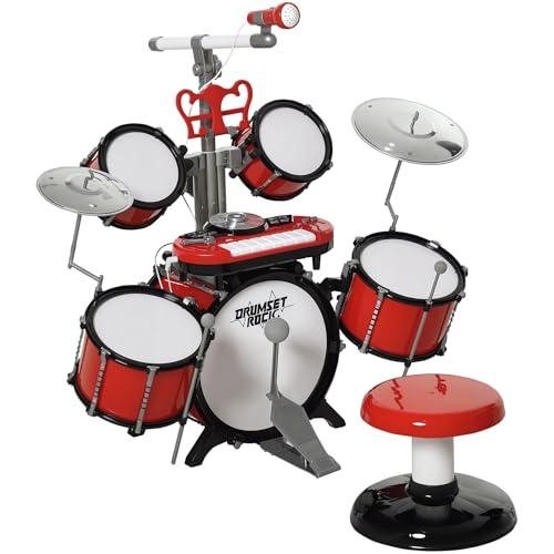 HOMCOM Set Batteria per Bambini con Strumenti Musicali, Batteria Jazz con 5 Tamburi e Sgabello, Giocattolo Musicale Educativo per Bambini, Effetti Sonori e Microfono Giocattolo, 77.5x40x76.5cm, Rosso