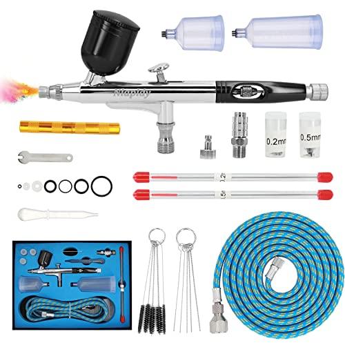 Kit Aerografo a Doppia Azione – Pistola Airbrush con Ugelli da 0,2mm/0,3mm/0,5mm, Tazze da 10cc/20cc/40cc, Tubo Aria e Set di Pulizia – Perfetto per Pittura, Nail Art e Tatuaggi