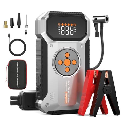 Tyonto Booster Avviamento Auto con Compressore, 4000A Avviatore Emergenza per Auto (Per Tutti i Motori Benzina o 8.L Diesel), Starter Batteria, Torcia, Ricarica USB