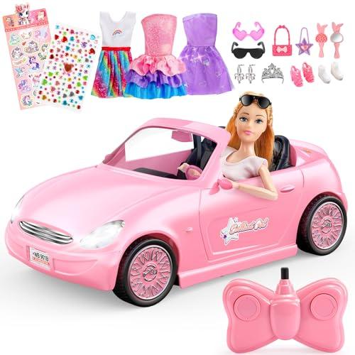 HappyGoLucky Macchina Telecomandata per Bambini con Bambola, Giocattolo RC con Bambole & 3 Outfit, 12 Accessori + Adesivi Unicorno e Cuore per DIY Natale per Bambina 3-12 Anni