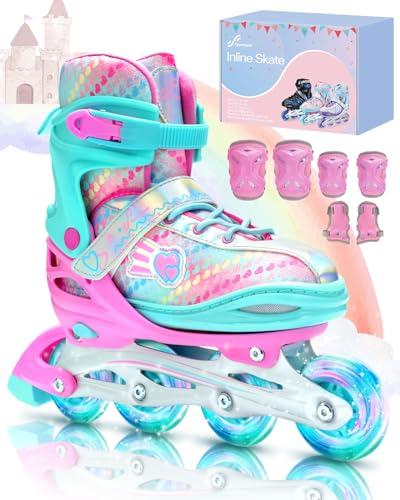 Pattini in Linea per Bambini 34-41 Regolabili, in Linea con 6 Protezioni per Bambini, Ragazze, Donne, 8 Led in Linea per Bambini