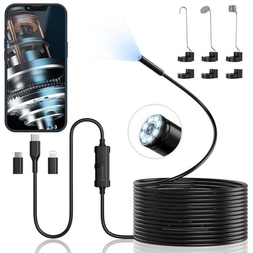 ENNOVOR Endoscopio per Smartphone, 1920P HD Telecamera Endoscopio, IP67 Sonda Impermeabile, Endoscopio con 8 LED, Telecamera Ispezione Tubi con Cavo Semirigido da 5 m, Android iOS - Camera senza WiFiV