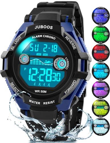 Juboos Orologio Bambina,con Cinturino Stampato e 7 Luci Colorate,Orologio Digitale Impermeabile per Bambini con Orecchie da Gatto per Ragazzo e Ragazza da 4 a 12 Anni (Nero-blu)