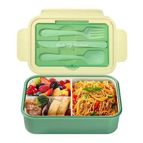 Diboniur Porta Pranzo, 1400ml Lunch Box con Posate, Schiscetta Pranzo Bambino Adulto Bento Box con 3 Scomparti, Schiscetta Contenitore Ermetico per Microonde Ufficio Lavoro Picnic (Verde)