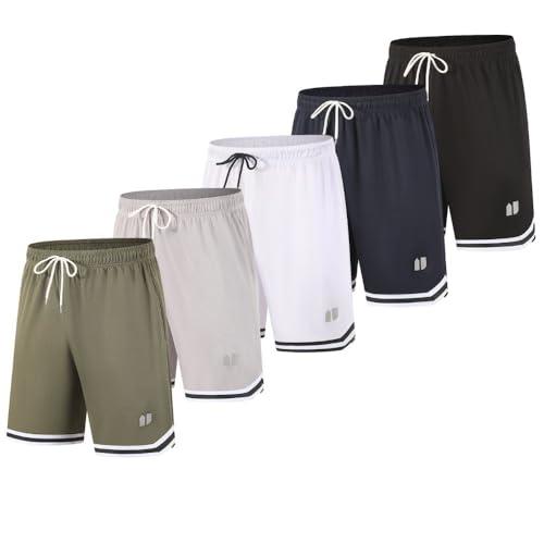 fovdtaa Confezione da 5 pantaloncini sportivi da uomo, ad asciugatura rapida, per palestra, corsa, fitness, allenamento, con tasche e elastico in vita, Nero, blu navy, bianco, grigio chiaro, verde, XL
