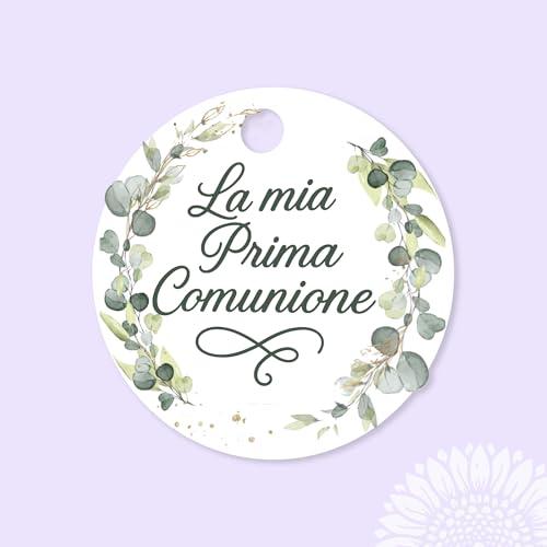 30 pezzi Cartellini Prima Comunione, 35mm, confetti, bomboniere, Cresima, bigliettini, bollini foglie, eucalipto (EUC-02-C)