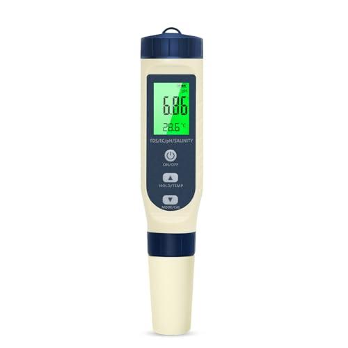 Pious Misuratore ph, pH/TDS/EC/Salinità/Termometro 5 in 1 con Display LCD, Misuratore Ph Acqua alta Sensibilità, Compensazione Automatica della Temperatura, Adatto per Coltura Idroponica, Piscina