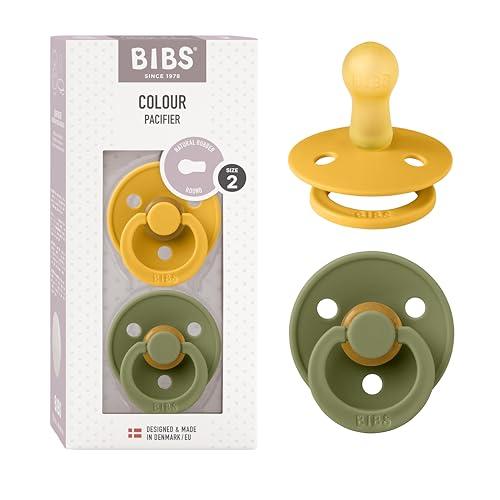 BIBS Colour Ciuccio confezione da 2 pezzi. Privo di BPA, Tettarella tonda. Lattice di gomma naturale, Misura 2 (6-18 mesi), Honey Bee/Olive