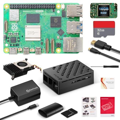 RasTech Raspberry Pi 5 16GB Starter Kit con 32GB Card Custodia Pi 5 con Active Cooler Lettore di schede Adattatore di schede Trasvite 1X Cavo HD Out e alimentatore USB C