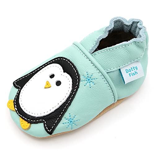 Dotty Fish Scarpine Unisex per Bambini e Neonati in Pelle a Piedi Nudi - Ragazzi e Ragazze, Disegni di Animali, Antiscivolo, Leggere, Flessibili, approvate dai podologi - Pinguino 12-18 Mesi