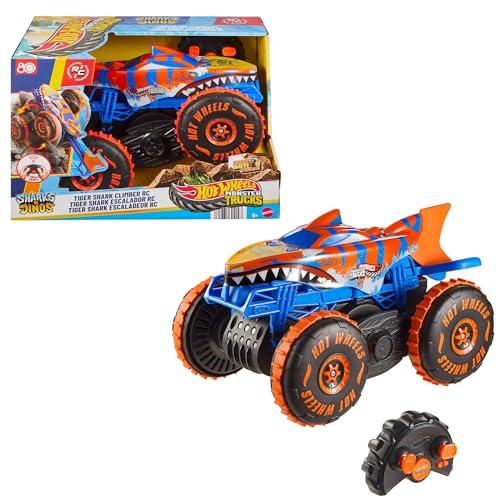 Hot Wheels Monster Trucks - Tiger Shark Super Scalatore RC, veicolo radiocomandato grande con 3 modalità per gareggiare, scalare e fare acrobazie, giocattolo per bambini, 5+ anni, JFR39