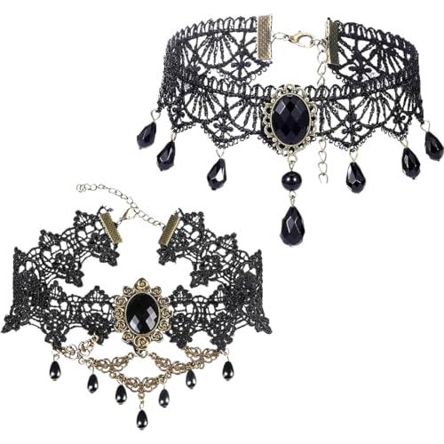 LYQNIHOB Collana Girocollo Gotica in Pizzo, Set da 2 pezzi, Nero con Strass e Ciondolo a Goccia, Perfetta per Feste di Cosplay, Donne e Ragazze amanti del Punk e del Vampiro,