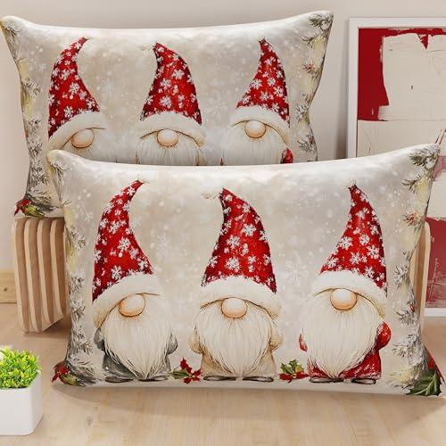 PETTI Artigiani Italiani - Coppia di Federe Cuscino 50x80 cm in Microfibra, Federe Natalizie, Cuscini Arredo di Natale Camera da Letto, Divano, Salotto, Set 2 Fodere Copricuscino, Federa Gnomo 03