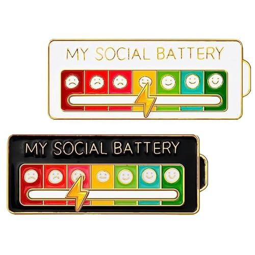 Batteria Sociale Pin, 2 Pezzi Divertente Spilla per L'Umore Interattivo per 7 Giorni, Smalto Badge Nizza Spilla Gioielli (Bianco + Nero)
