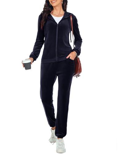 Aottori Tuta Donna Velluto Elegante Tute da Ginnastica Due Pezzi Tuta Completa Sportiva Ciniglia Pigiami Set Felpa con Zip e Pantaloni Invernale per Jogging Training Navy Blue M