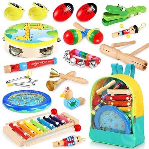Jojoin Strumenti Musicali, 24 Pezzi Percussioni con Borsa, Tamburo Perline Oceaniche, Compleanni Musicali, Creativi ed Educativi e Regali di Natale per Bambini 3+