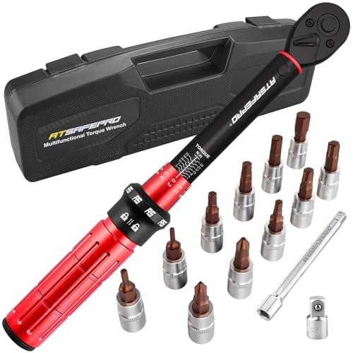 ATsafepro Chiave Dinamometrica 1/4'', 1-25 Nm 15 pezzi Chiave Dinamometrica Bici con 11 Bits, Prolunga da 10cm e Adattatore 3/8'', Precisione ±3%, 72 Denti Doppio Senso per Bicicletta e Motocicletta