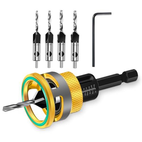 Set di 6 punte per trapano a svasatura con attacco di profondità regolabile e chiave a forma di L, perfette per progetti di lavorazione del legno, plastica e legno (Golden)