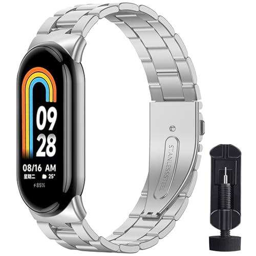 BANGTING Cinturino Acciaio Inossidabile Compatibile con Xiaomi Mi Band 10/9/8, Cinturini Metallo di Ricambio per Mi Band 9 Bracciale (Argento (Tre perle))