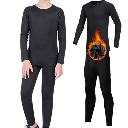 Set di biancheria intima termica per bambini, maglia a maniche lunghe a compressione in feltro e pantaloni lunghi, per ragazzi e ragazze, per sport invernali e palestra, Nero , 7-8 Years