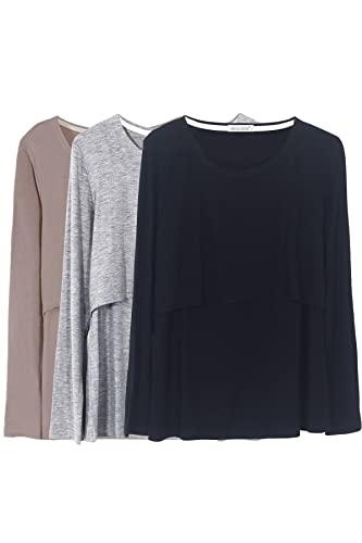 Smallshow Donna Top per Allattamento a Maniche Lunghe 3 Pack,Black/Grey/Brown,M