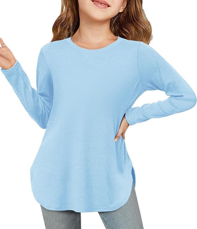 Haloumoning Maglietta a maniche lunghe per bambini, girocollo, a maniche lunghe, tinta unita, carina, per il tempo libero, basic top con spacchi laterali, Azzurro, 5-6 Anni