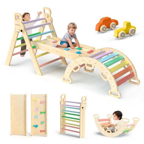 BlueWood Triangle Set 7-in-1 Giocattoli da Arrampicata Pieghevoli in Legno Montessori con Arco, Rampe e Scala – Palestra Indoor per Bambini - Arcobaleno