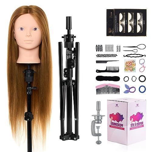 Neverland Beauty Testa Per Parrucchieri con Treppiede, 60% Capelli Umani Veri 71cm Testa Bambola da Truccare e Pettinare Testa Manichino con Strumenti di Acconciatura + Morsetto da Tavolo