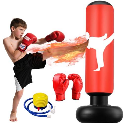 Sacco da Boxe da Terra, 160cm Sacco da Boxe per Bambini Gonfiabile Punching Ball Bambini 3 ai 12 Anni, Sacchi da Kickboxing per Karate Taekwondo MMA Fitness Allenamento a Casa