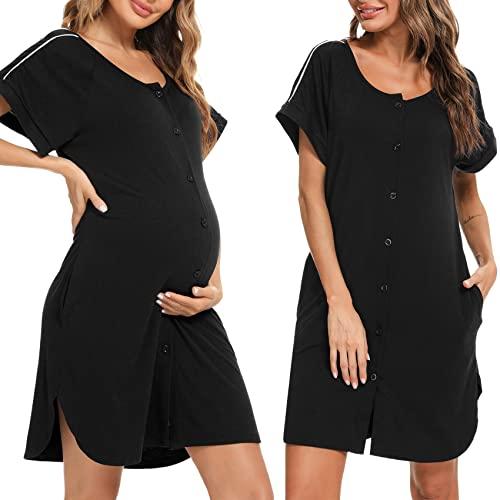 iClosam Camicia da Notte Donna Premaman Cotone Camicia da Notte Parto Ospedale con Bottoni Pigiama Donna maternità Manica Corta Sciolto Confortevole