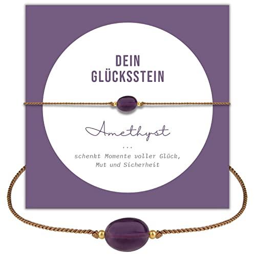 happymaker - Bracciale con ametista da donna, bracciale con pietre preziose viola fatto a mano con perline d'oro e confezione regalo esclusiva come braccialetto portafortuna per donna